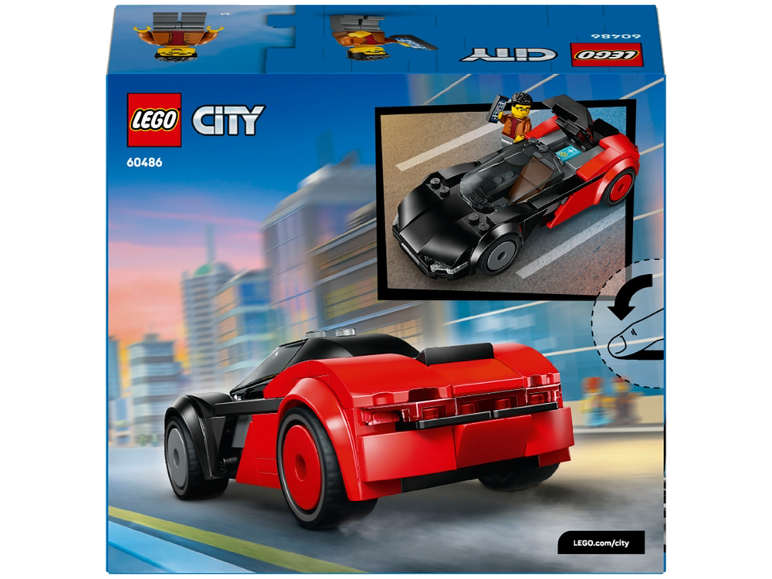 Spielzeug-Sportwagen mit Minifigur, Set 60486, vor Stadtkulisse.