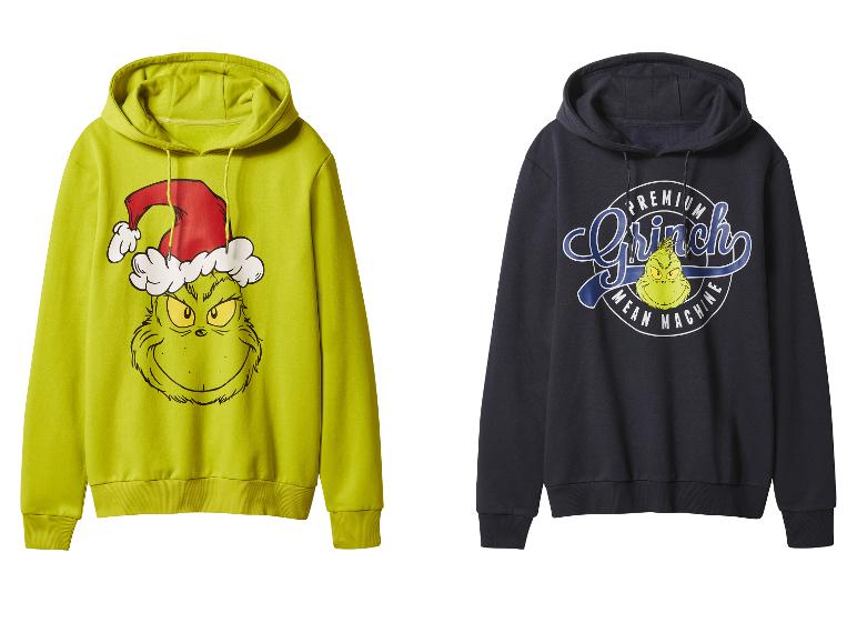 Zwei Grinch-Hoodies: einer lindgrün mit dem Grinch mit Weihnachtsmütze, der andere marineblau mit einem Grinch-Logo.