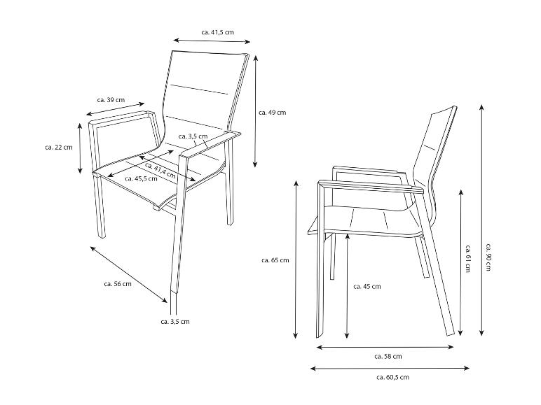 Maße von zwei Gartenstühlen mit Armlehnen.