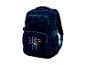 Blauer Rucksack mit Spritzmuster und weißem Friedenszeichen.