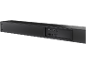Schwarze Soundbar mit USB-, HDMI-, optischen und Stromanschlüssen auf der Rückseite.