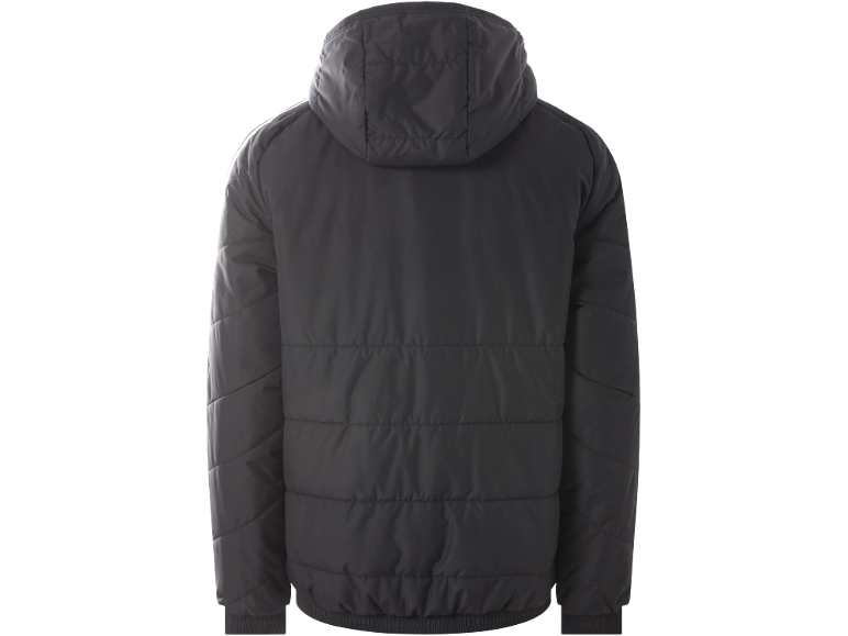 Rückenansicht einer dunkelgrauen Kapuzen-Steppjacke mit horizontaler Steppung.