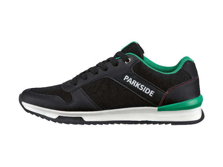 Schwarze Parkside Sneaker mit grünen Akzenten.