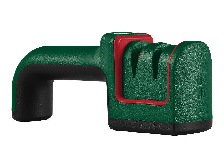 Grün-roter Messerschärfer mit schwarzem Griff.