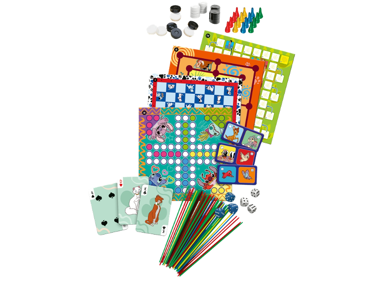 Disney-Brettspielesammlung mit Karten, Würfeln, Spielsteinen und Mikadostäben