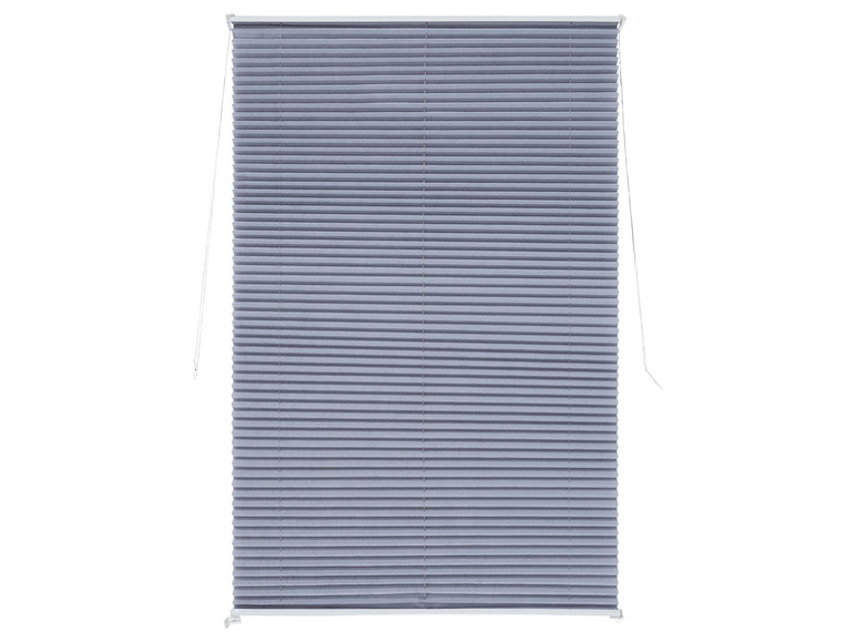 Ein grauer Plissee-Rollo mit weißer Schiene.