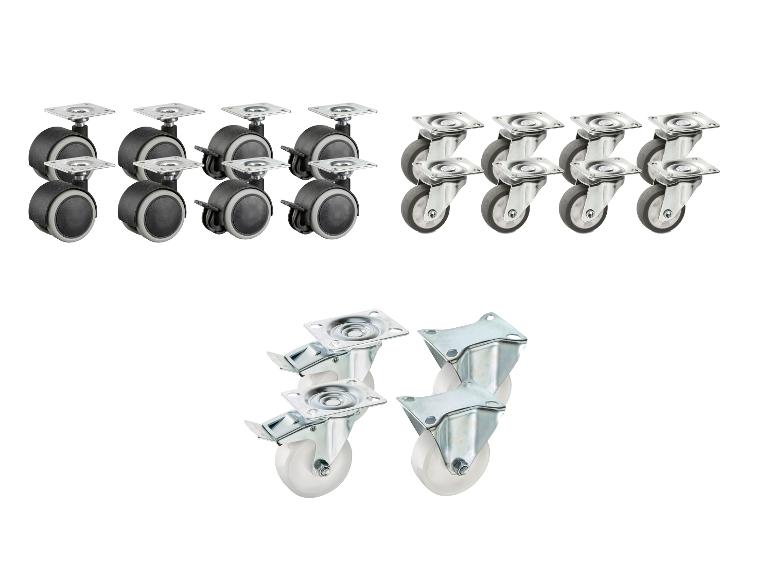 Set von Rollen mit und ohne Bremsen in verschiedenen Größen und Ausführungen.