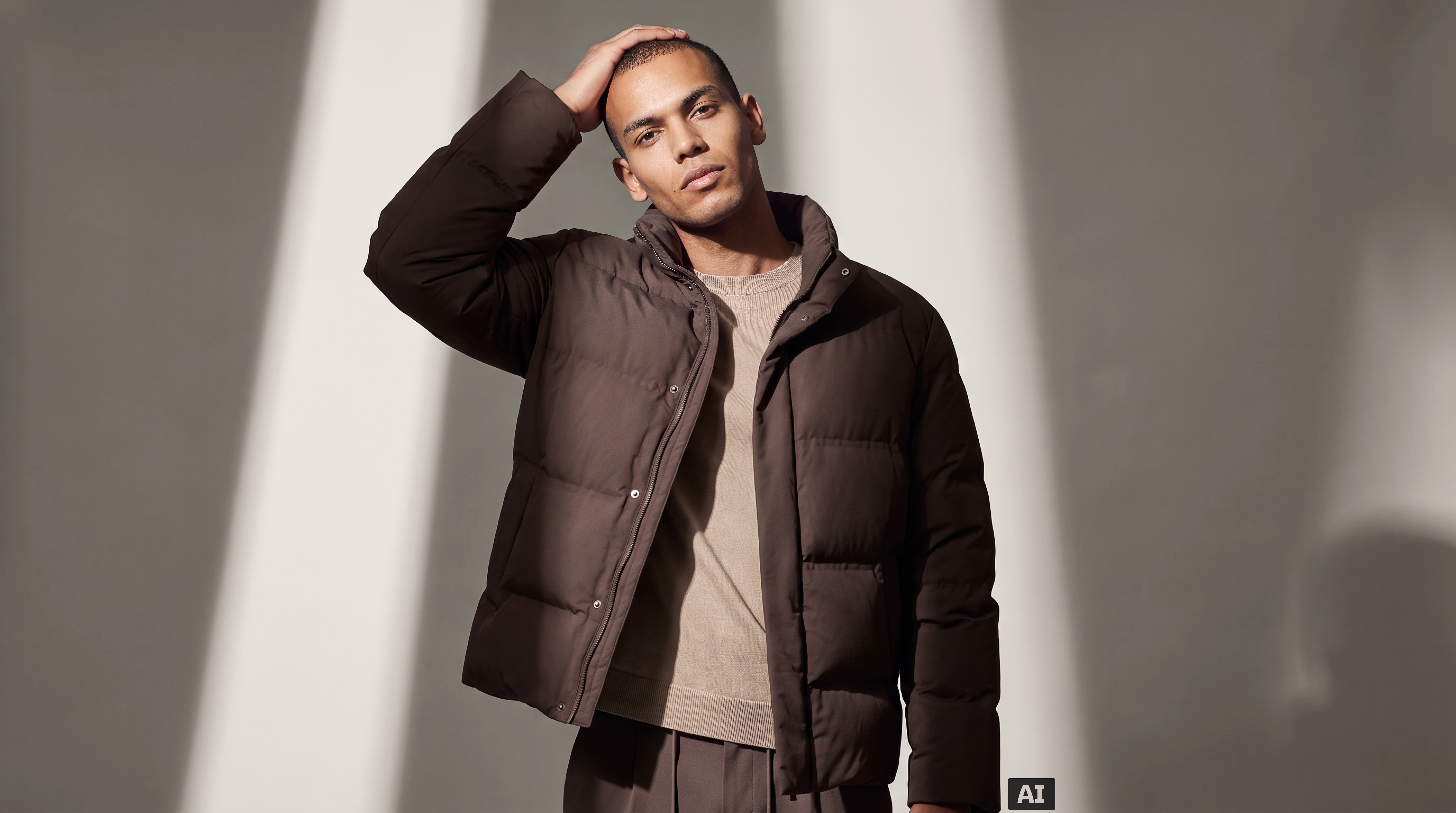Dieses Bild ist KI-generiert: Ein männliches Model trägt den Pullover in der Farbe Beige.