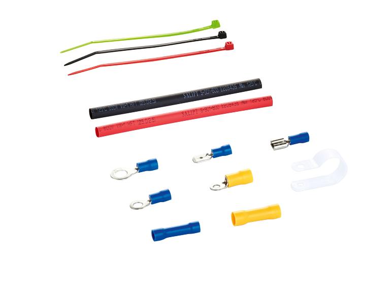 Schwarze und rote Schrumpfschläuche, Kabelbinder, Ringösen und Kabelhalterung.