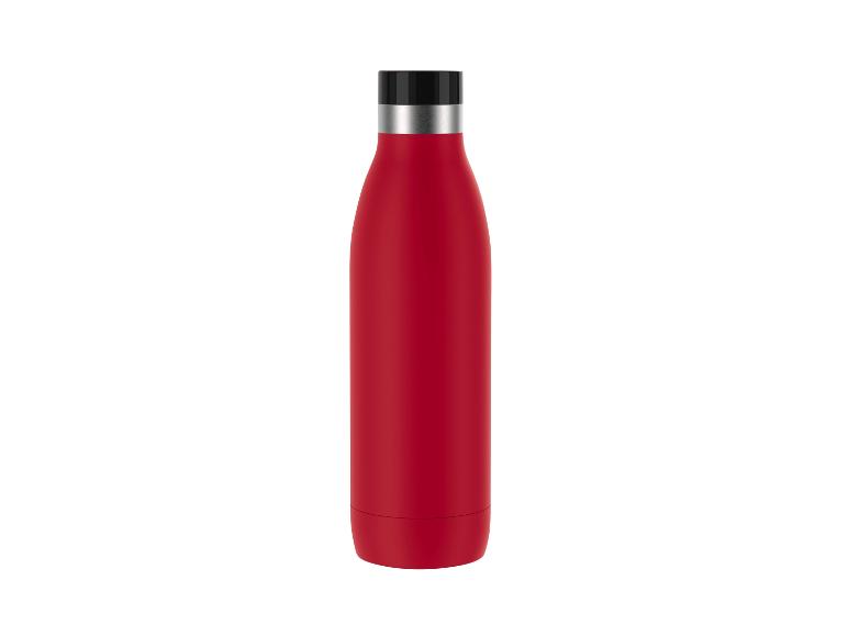 Rote Thermoflasche mit schwarzem Deckel und silbernem Ring.