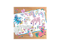 Eine Sammlung farbenfroher Einhorn- und Regenbogen-Perlenkunst auf weißem Hintergrund.