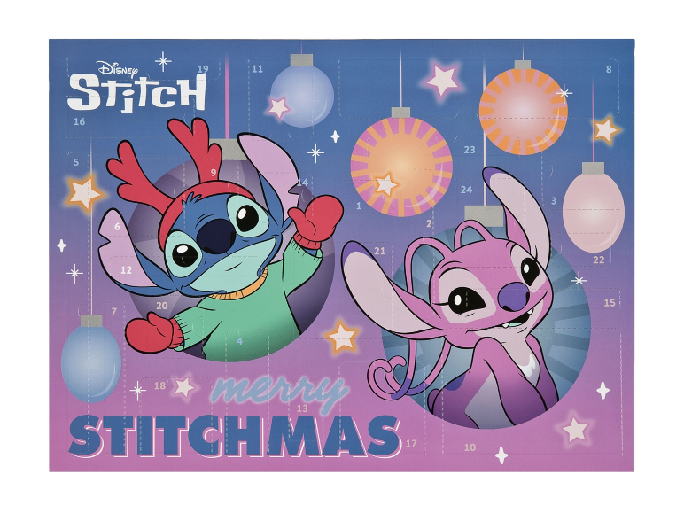 Weihnachts-Adventskalender mit zwei Zeichentrickfiguren und dem Text „Merry Stitchmas“.
