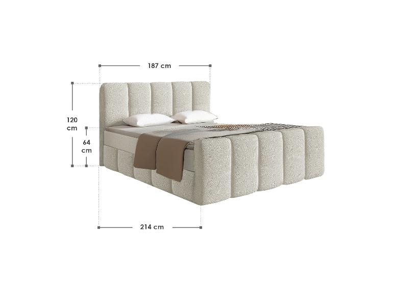 Beiges Boxspringbett mit gepolstertem Kopf- und Fußteil, Maße 187x214 cm, Höhe 120 cm.