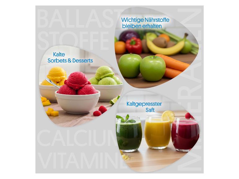 Kalte Sorbets, Desserts und kaltgepresste Säfte, mit frischem Obst und Gemüse.