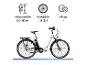 Weißes E-Bike mit Spezifikationen: 160-185cm Körpergröße, 28 Zoll Räder, 7 Gänge.