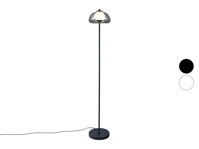 Schwarze Stehleuchte mit Rauchglas-Schirm, mit schwarzen und weißen Farboptionen.