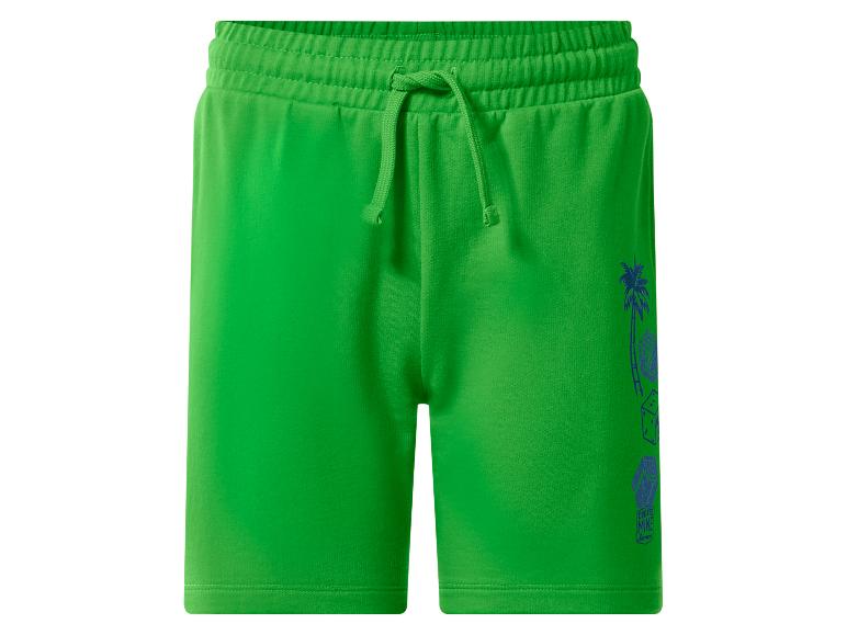 Grüne Shorts mit elastischem Bund, Kordelzug und blauer Palmen-Grafik.