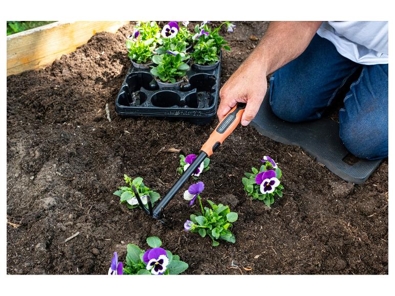 Person pflanzt Stiefmütterchen in ein Beet mit einem Gartengerät.