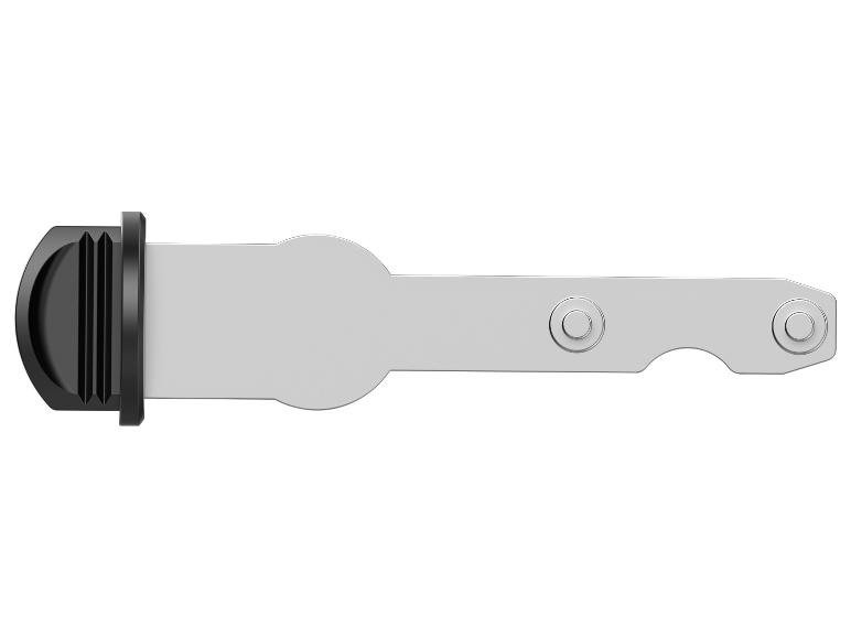 Metallschlüssel mit schwarzem Kunststoffgriff auf weißem Hintergrund.