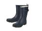 Ein Paar dunkelblaue Gummistiefel mit weißem Futter und einer Schnalle an der Seite.