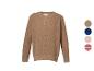Brauner Strickpullover mit vier Farboptionen: Braun, blau gestreift, rosa und rot gestreift.