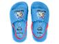 Blaue Sandalen mit rotem Riemen und Welpenaufdruck mit dem Text „BIG SMILES!“.