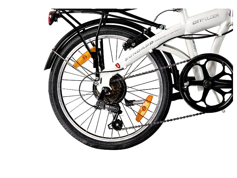 Weißes Klapprad mit Hinterrad, Gangschaltung, Kette und Gepäckträger, mit Schriftzug „CITYFOLDER“.