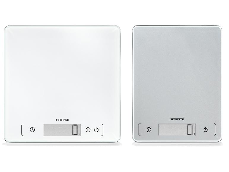 Zwei digitale Küchenwaagen, eine weiße und eine silberne, mit Displays und Tasten.