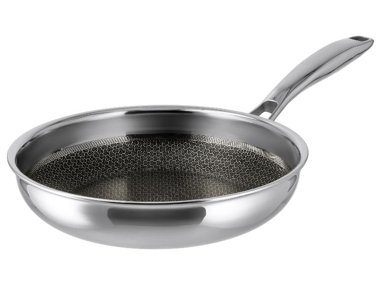 Edelstahl-Bratpfanne mit Metallgriff und Wabenmuster-Kochfläche.