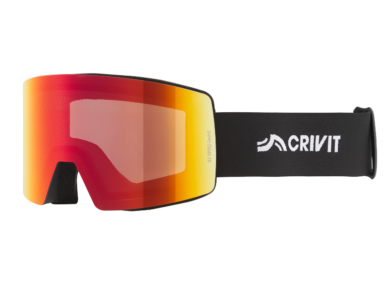 Skibrille mit rotem und gelbem verspiegeltem Glas und schwarzem Band