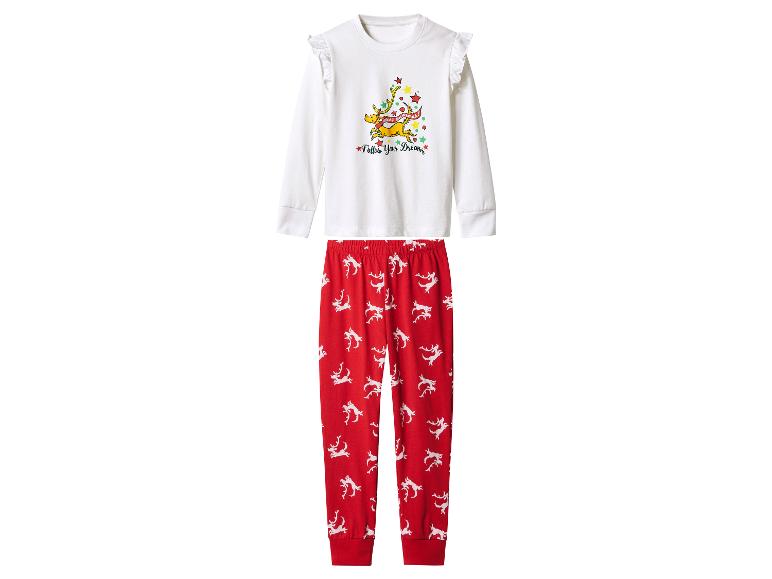 Weißer und roter Pyjama mit Rentier-Print und der Aufschrift „Follow Your Dreams“.