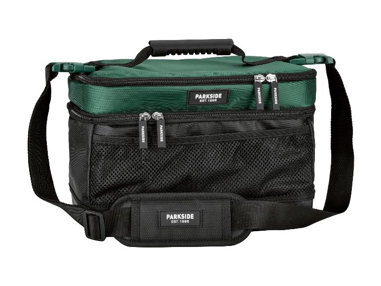 Grüne und schwarze Kühltasche mit zwei Reißverschlussfächern und verstellbarem Schultergurt.