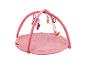 Eine rosa Baby-Spielmatte mit Bögen und hängendem Spielzeug.