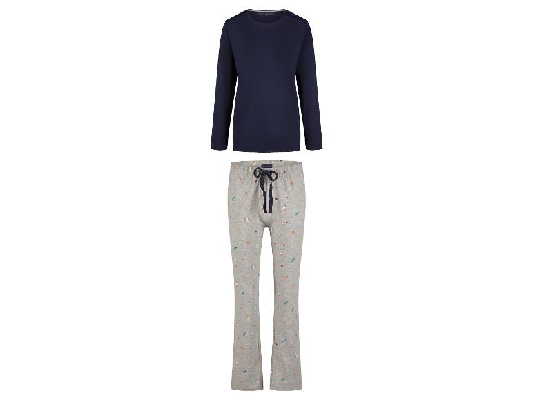 Ein dunkelblaues Langarmshirt und eine graue Pyjamahose mit Weihnachtsmotiv.