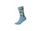 Blauer Socken mit einem lächelnden Emoji mit Sonnenbrille, gelben Sternen und Zahlen.