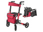 Ein roter Rollator mit Sitz, Tasche und Faltfunktion.