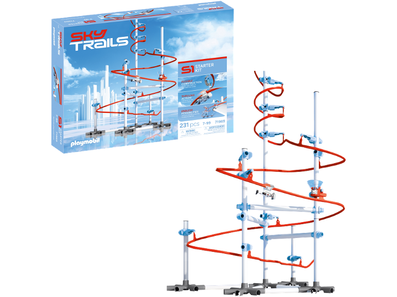 Spielzeug-Kugelbahn mit Verpackung, roten Schienen und weißen Säulen.