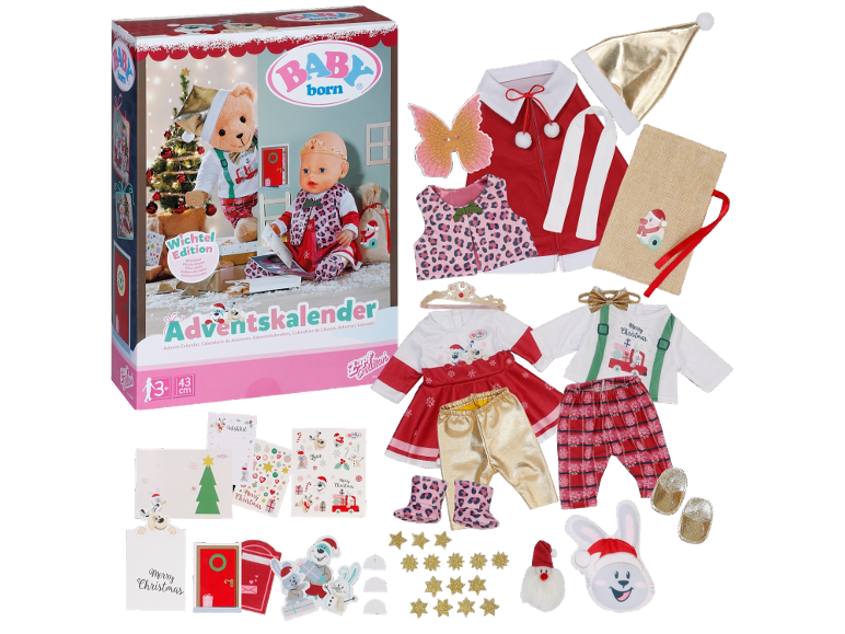 Weihnachts-Adventskalender mit Puppe, Kleidung und festlichem Zubehör.