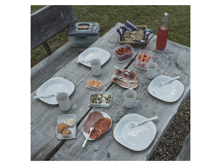 Ein Picknicktisch mit weißen Tellern, Bechern und Snacks in Plastikbehältern.