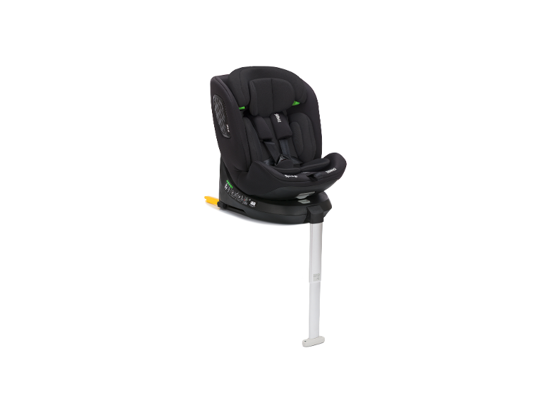 Schwarzer Kindersitz mit 5-Punkt-Gurt und Isofix-Basis, auf weißem Hintergrund.