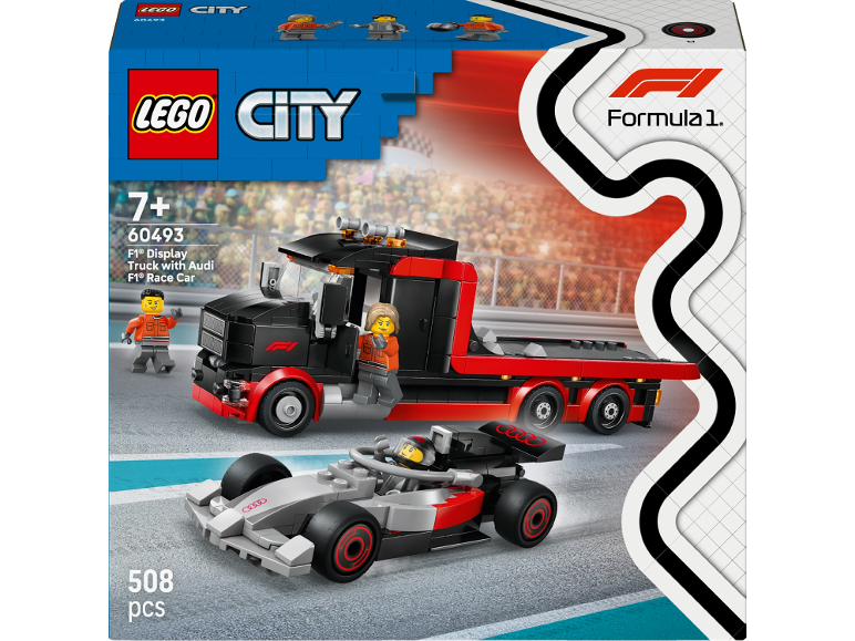 LEGO City Set mit F1-Display-Truck und F1-Rennwagen, 508 Teile, für Kinder ab 7 Jahren.