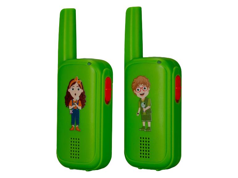 Zwei grüne Spielzeug-Walkie-Talkies mit Kinderzeichnungen