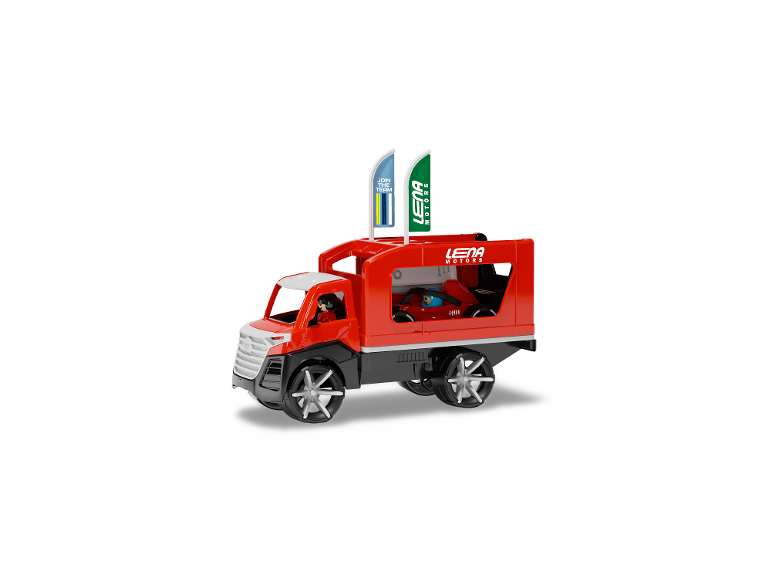 LENA TRUXX² Spielzeug-Renntransporter-Lkw mit Rennwagen und Flaggen.
