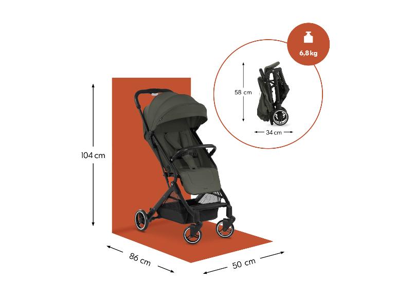 Hauck Kinderwagen in Khaki mit Maßen 104x86x50 cm und zusammengeklappt 58x34 cm, Gewicht 6,8 kg.