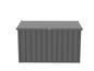 Eine graue Metall-Aufbewahrungsbox mit Flachdach.