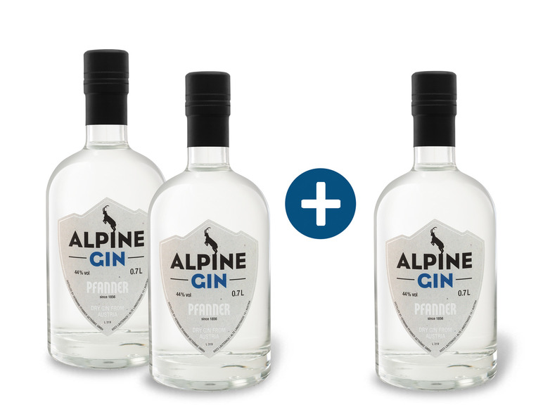Gehe zu Vollbildansicht: 2+1 Paket Pfanner Alpine Gin 44% Vol mit Geschenkbox - Bild 1