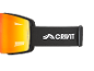 Skibrille mit orangefarbenen verspiegelten Gläsern und schwarzem Band mit weißem Logo