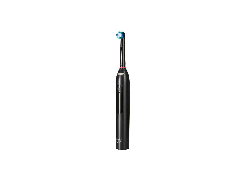 Schwarze elektrische Zahnbürste mit rundem Bürstenkopf mit blauen und weißen Borsten.