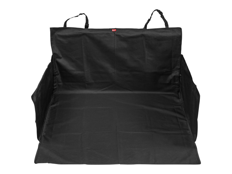 Ein schwarzer Autositzschutz mit einer Klappe, die über die Rückenlehne geht.