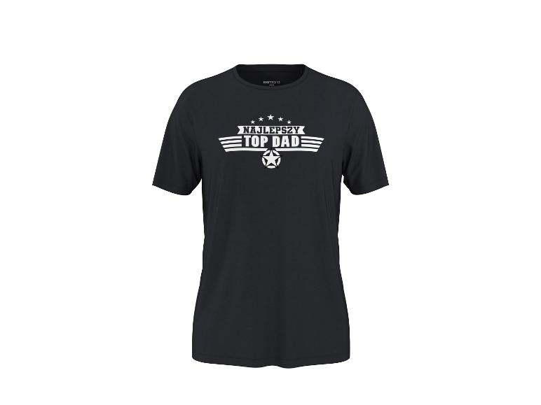 Schwarzes Herren-T-Shirt mit weißem Aufdruck „NAJLEPSZY TOP DAD“ und Sternen.